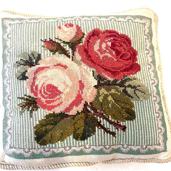 Handmade Petite Point X-Stitch Pillow Roses Pink Green Square Elizabeth Bradley - Picture 6 of 6
